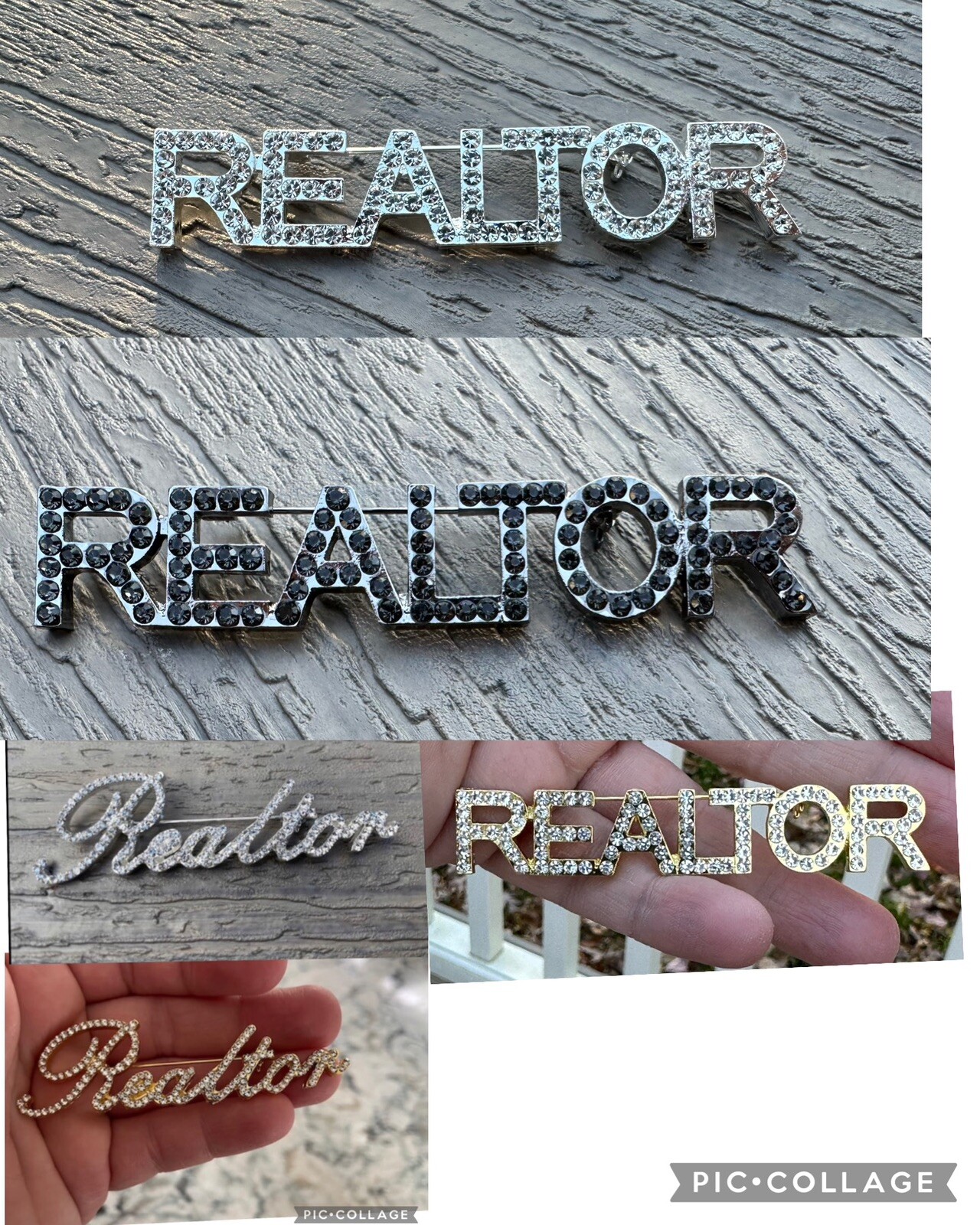 Print Font Clear realtor brooch rhinestone pin jewelry gift NEW 3”