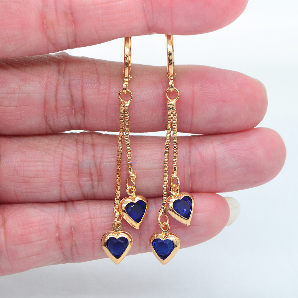 18K Yellow Gold Filled Women Fashion Blue Mystic Topaz Heart Tassel Earrings