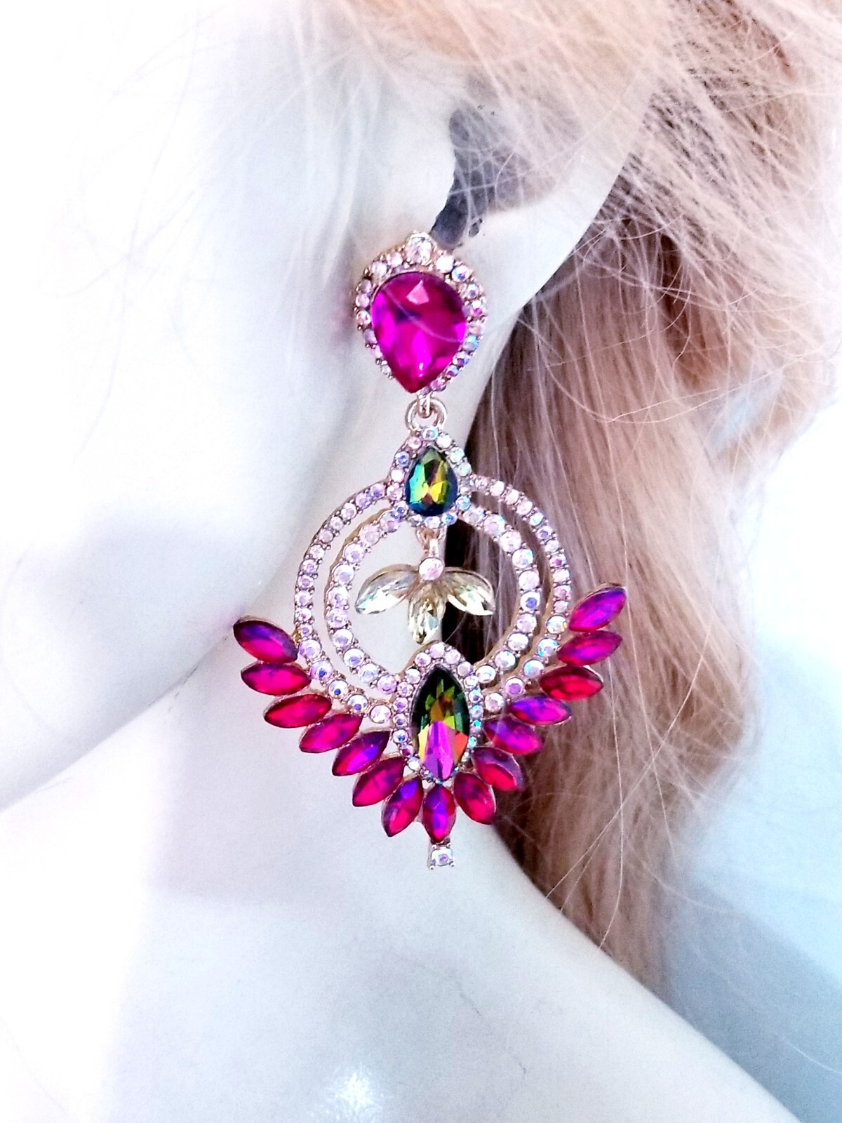 Drop Dangle Bridesmaid Chandelier Earrings 3.2 inch Pink Rhinestone Pageant Prom