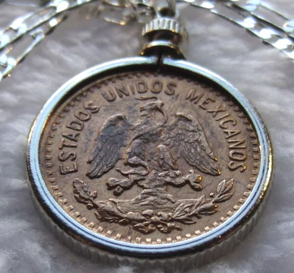 Mexican Red Copper Eagle Coin Pendant 28″ .925 Silver Figaro 3/2 Chain Necklace