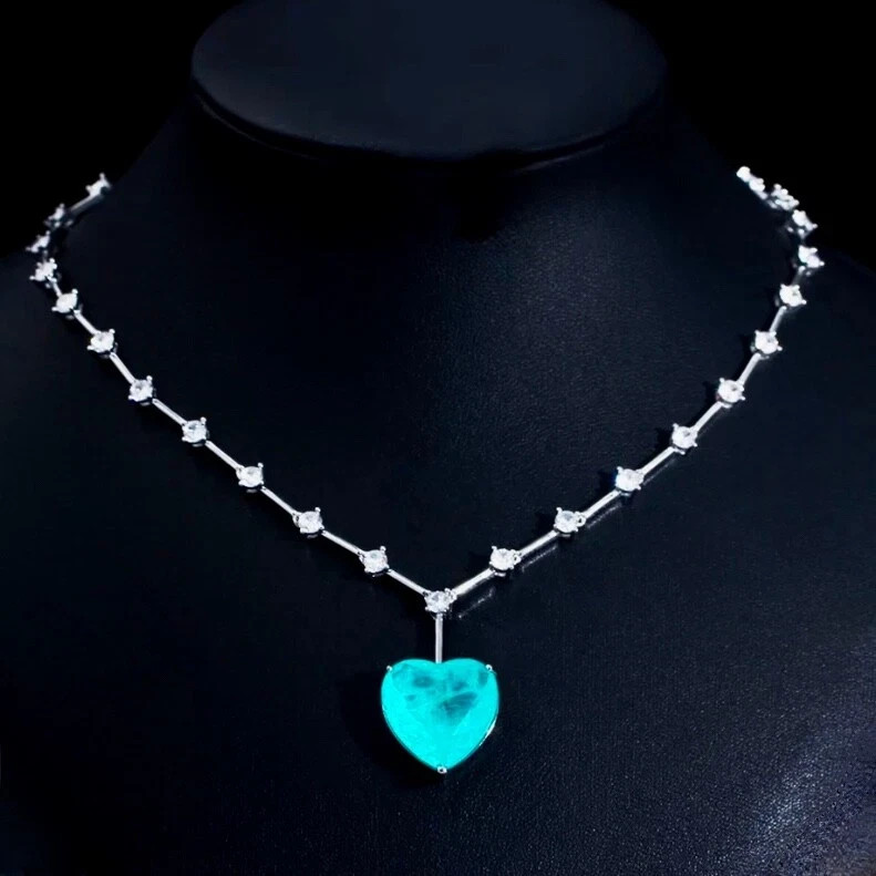 18k White Gold Plated Big Heart Blue Gemstone Pendant Necklace Wedding Jewelry