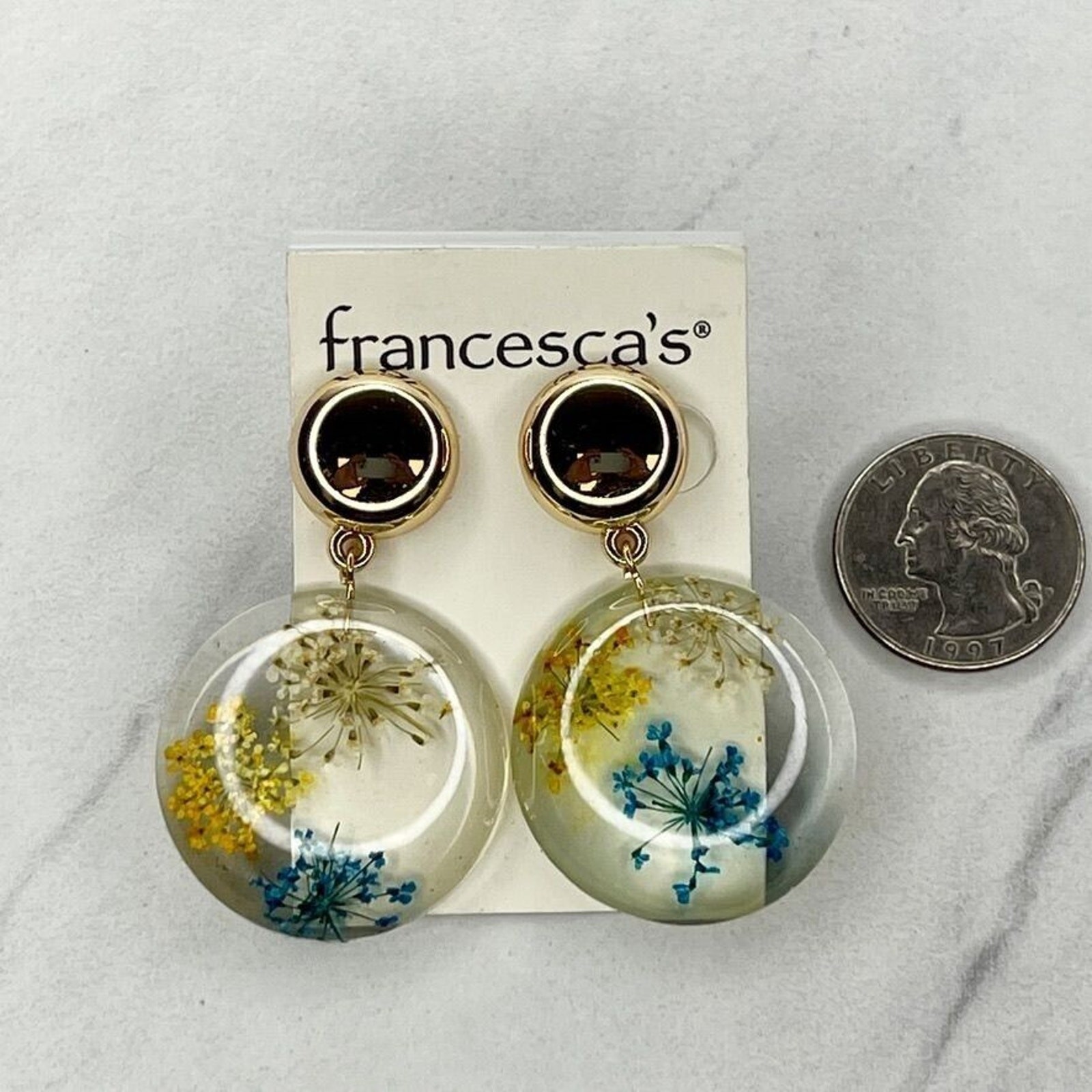 Francesca’s Gold Tone Pressed Flowers Dangle Post Earrings Pierced Pair
