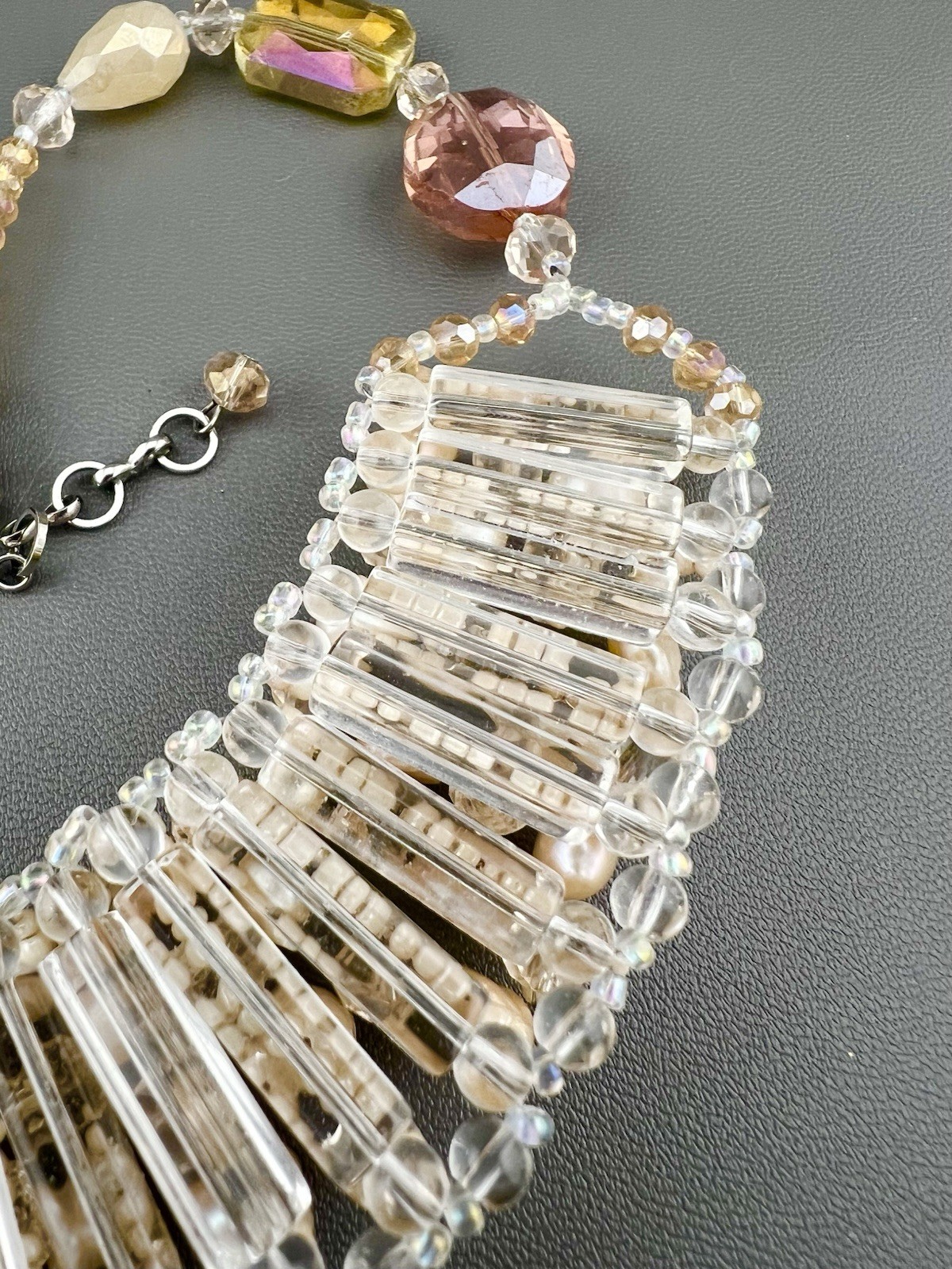 Pearl Statement Necklace Glass Beaded Bib Peach Pink 17”