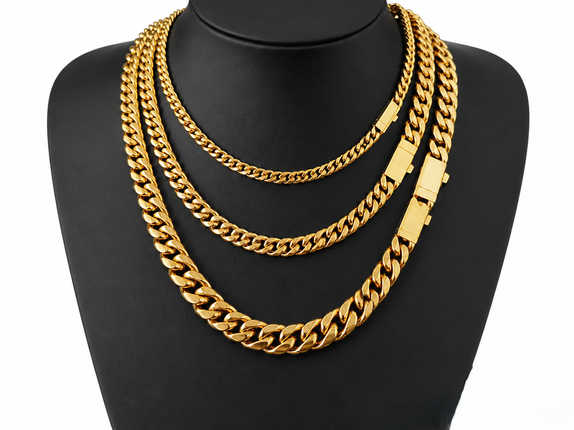Miami Cuban Chain Necklace Men, 14k Gold Plated Stainless Steel 6–12mm 16–30″