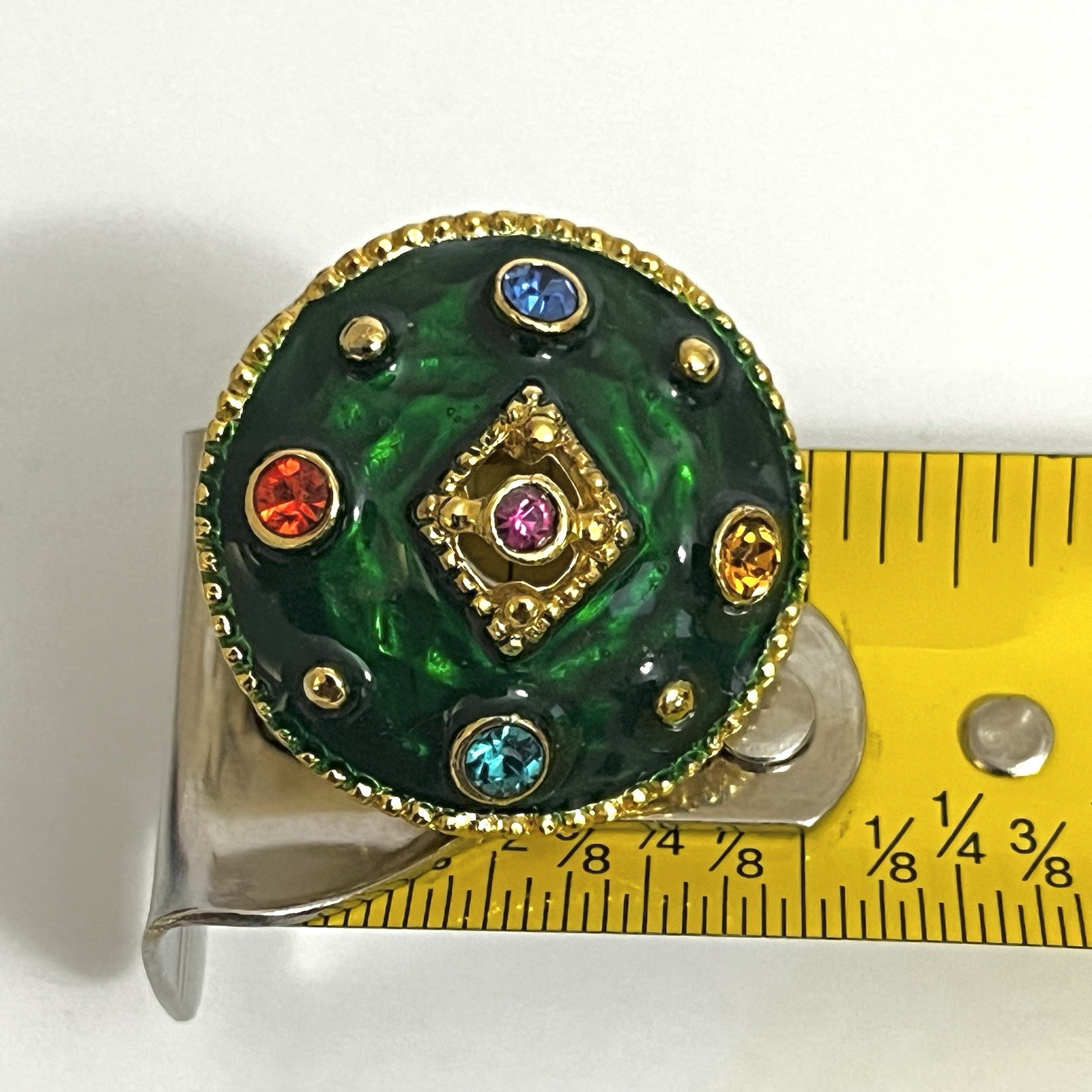 Green Enameled Multicolor Rhinestones Gold Tone Dome Shape Stud Earrings