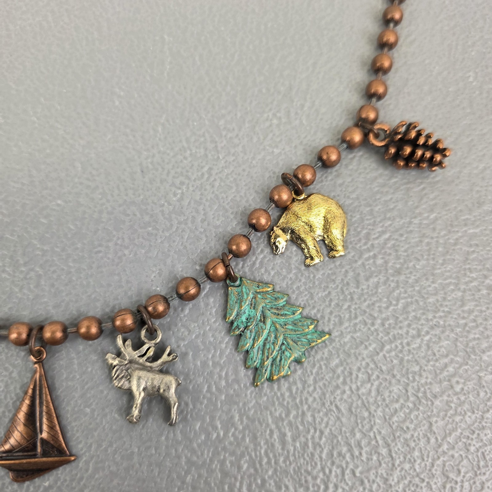 Michigan Themed Charm Necklace Ball Chain Copper Bronze Tone Lighthouse Map Elk
