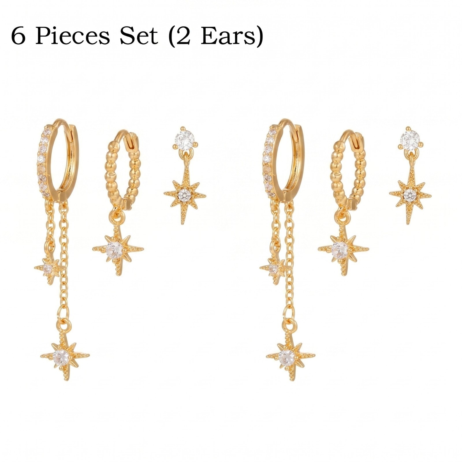 Moon Star Hoop Earrings CZ Chain Dangle Stud Gold Plated Stainless Steel Women