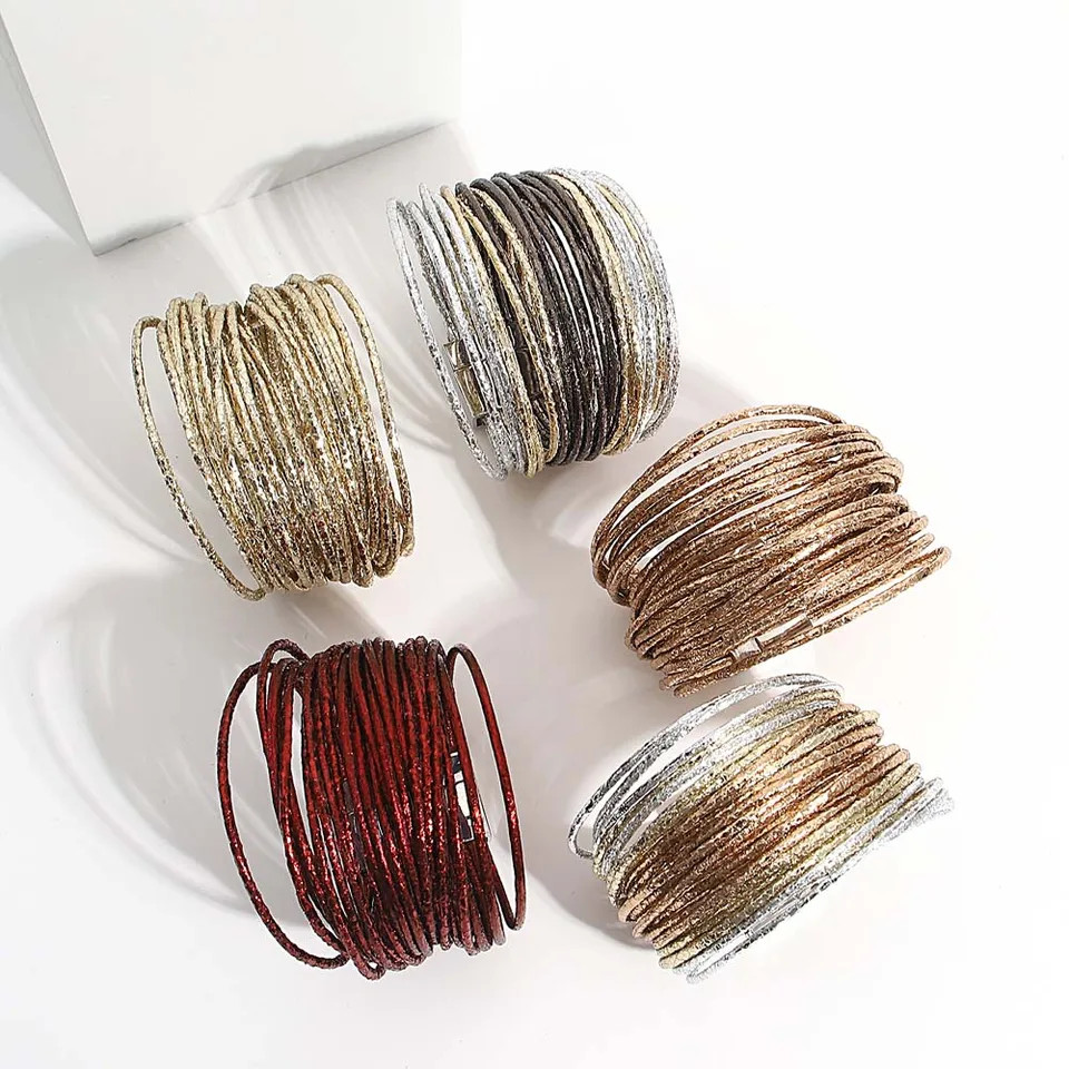 Triple Color Leather Wrap Bracelet Multilayer Slim Glitter Rope Chain Women