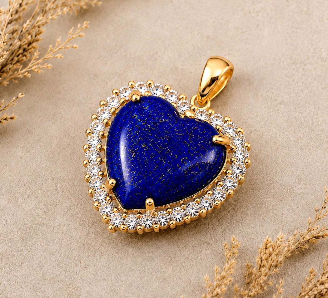 Natural Lapis Lazuli Heart Pendant Cubic Zirconia Brass Necklace Charm Gift
