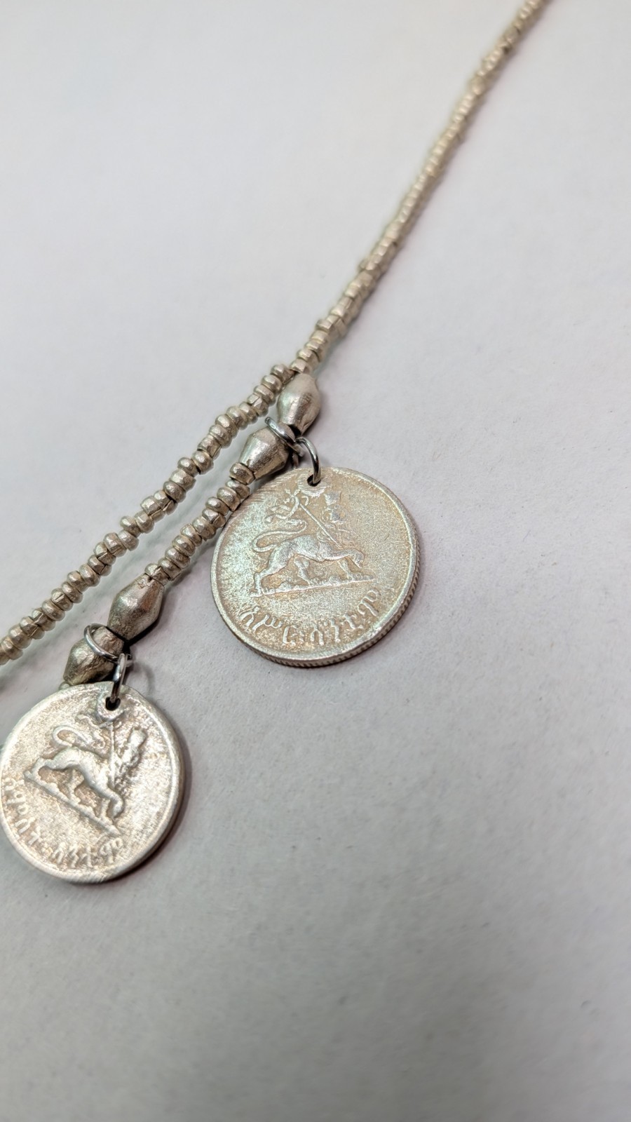 Emperor Haile Coin Necklace Silver Over Copper Double Strand Layered 30-34″