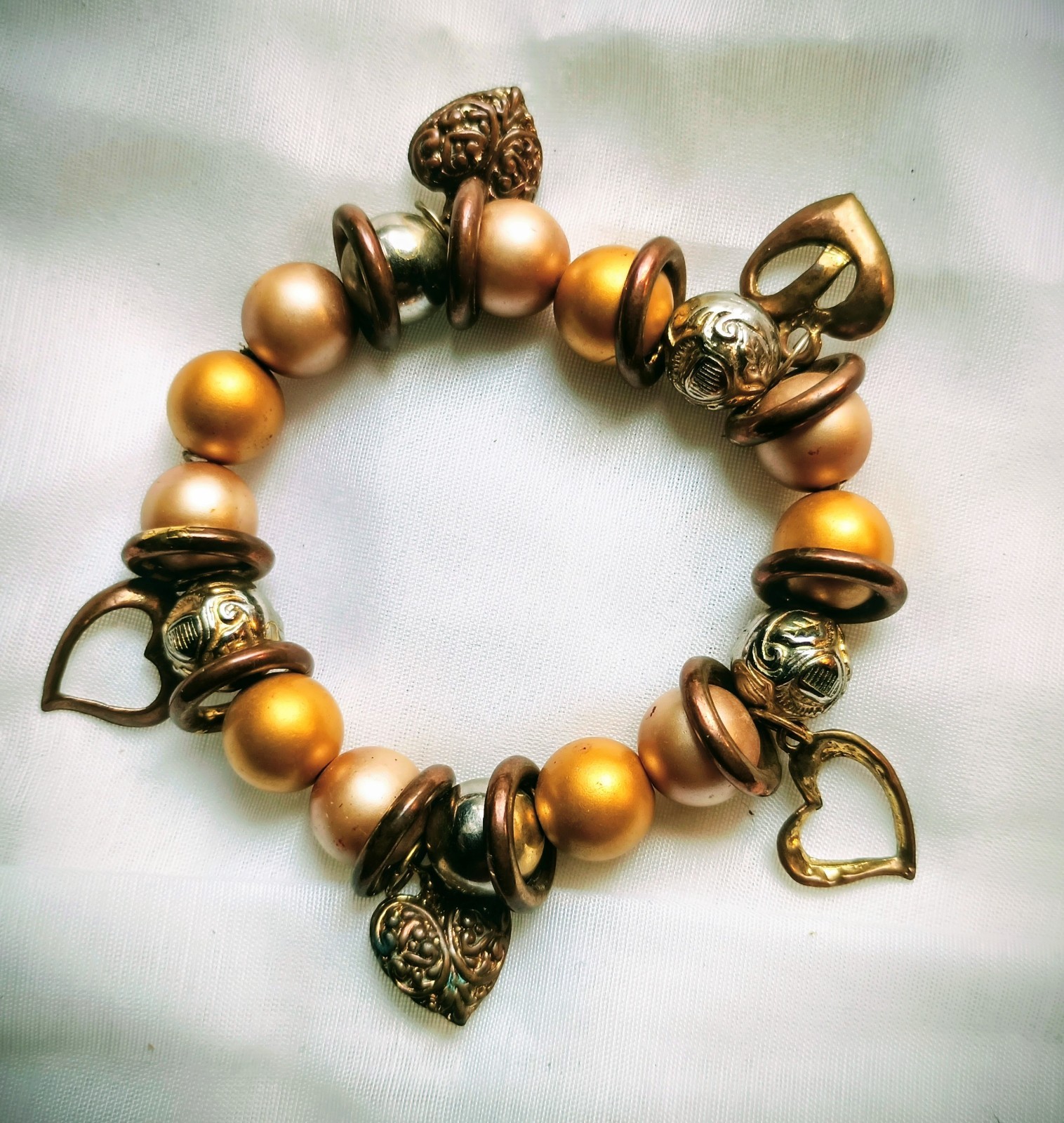 Heart Valentine Charm Stretch Bracelet With Hearts & Golden Beads Gift Boxed