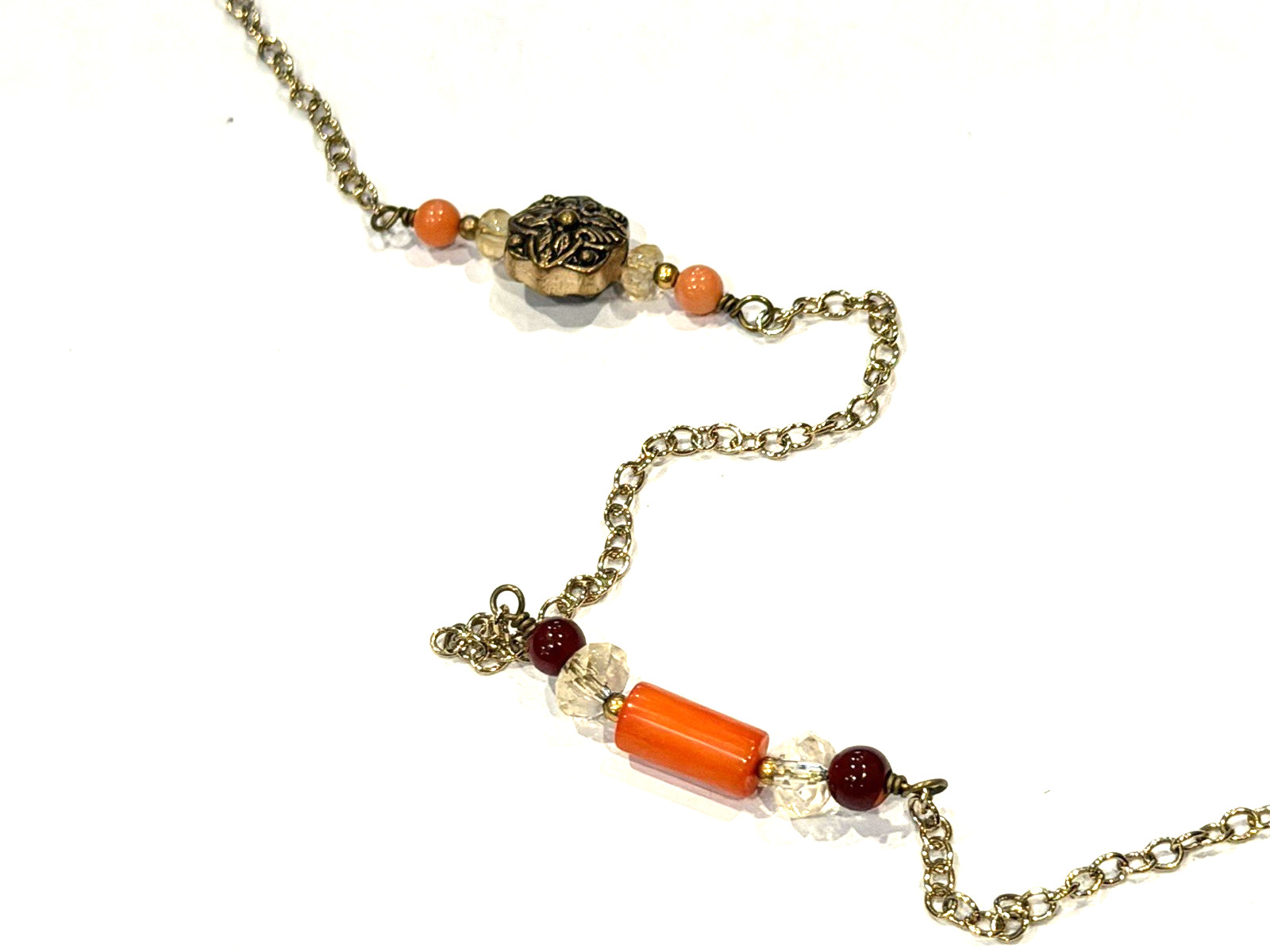 BARSE ORANGE CARNELIAN RED BEAD STATIONS 38″ 2″ EXTENDER NECKLACE GOLD CHAIN LN