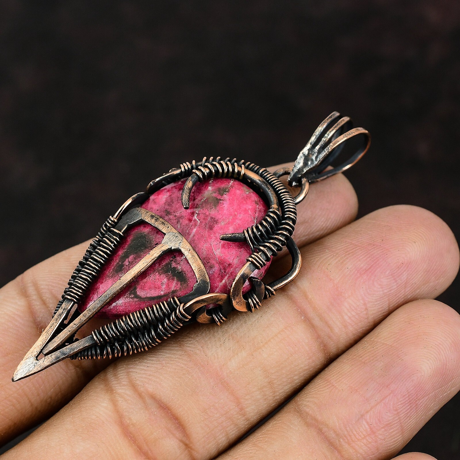 Thulite Gemstone Handmade Jewelry Copper Sister Gift Wire Wrapped Pendant 2.64″
