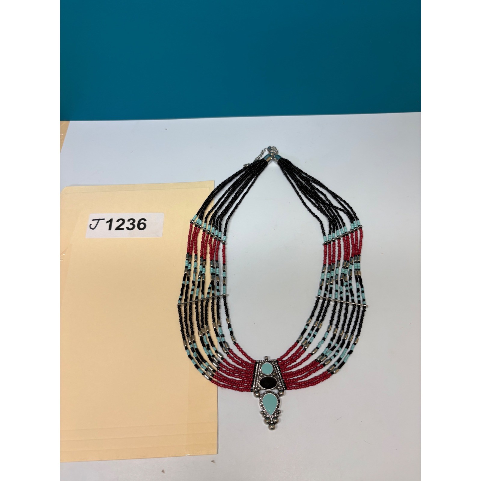 Southwestern Multi Strand Seed Bead Bib Necklace Red Black Turquoise Silver Tone