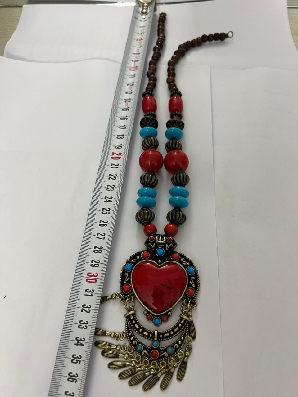 Vintage Tibetan Style Boho Statement Necklace Red Heart Pendant Ethnic Jewelry