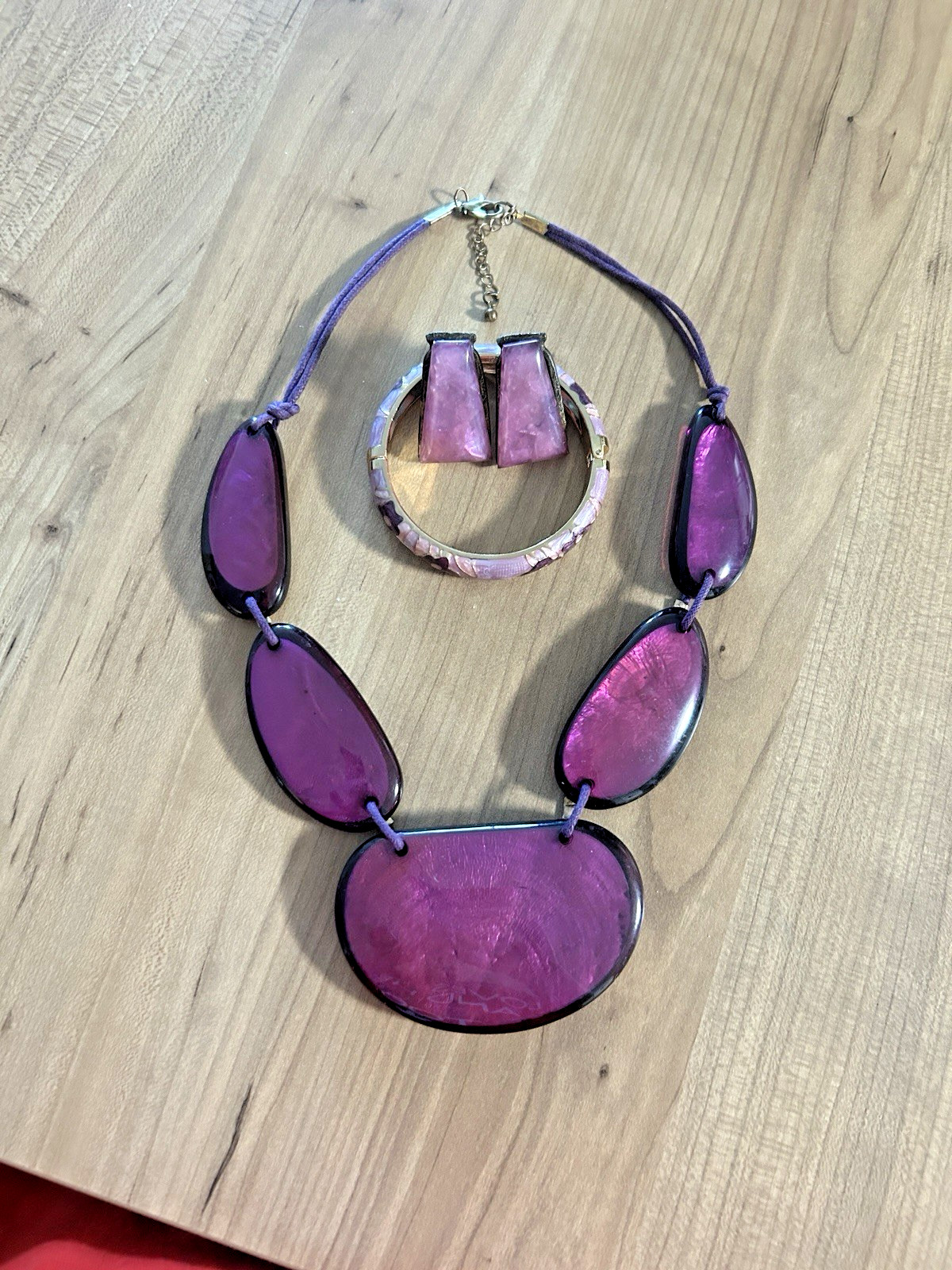 Bold Magenta/Purple Statement Necklace Earrings Bracelet Set Enamel Fashion