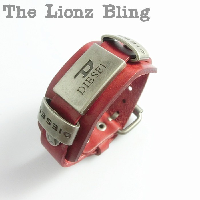 Urban Industrial style Genuine Red Leather & Metal Plate Wide Band Bracelet