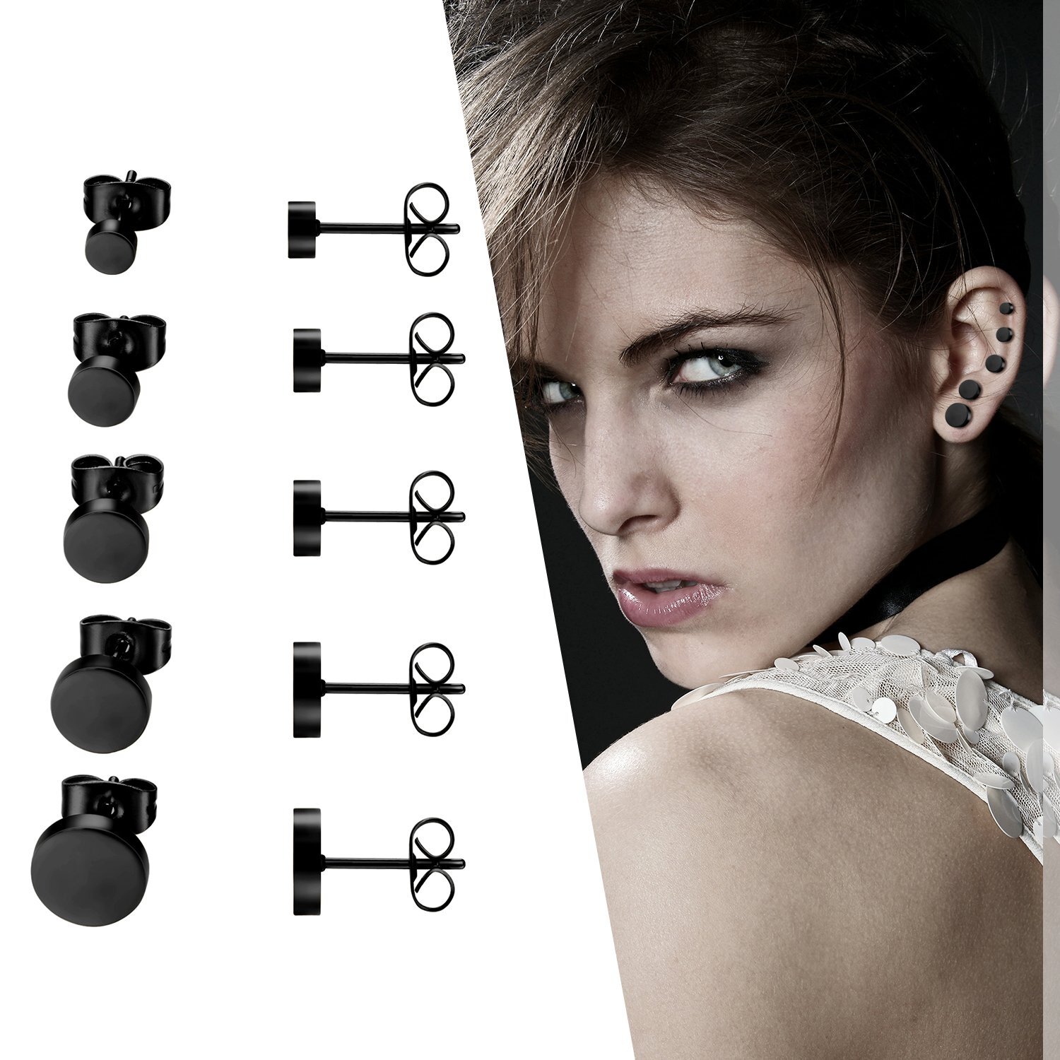 5Pair Stainless Steel Stud Earrings Pierced Tunnel Unisex Round Triangle 4mm-8mm