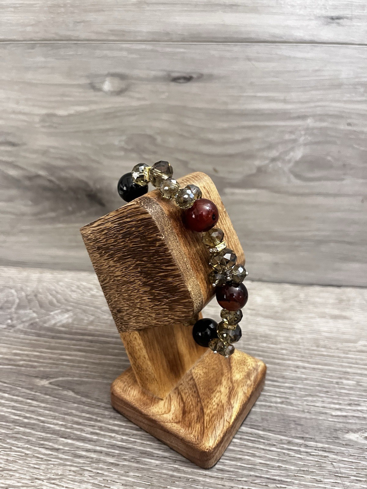 Beaded Stretch Bracelet Black Brown/Red Clear Great Beads 4”