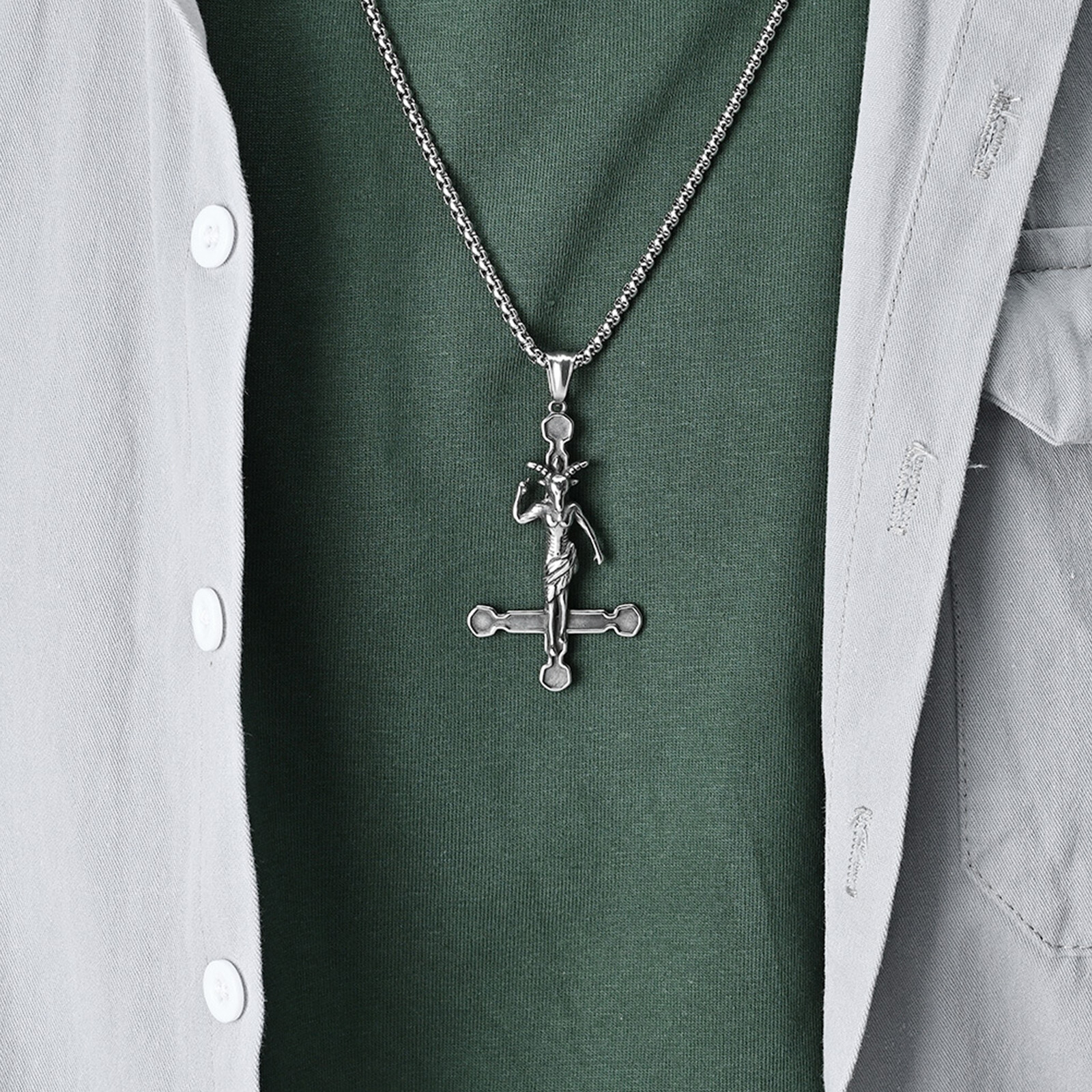 Men’s Sigil of Baphomet Inverted Upside Down Cross Necklace Satan Goat Devil