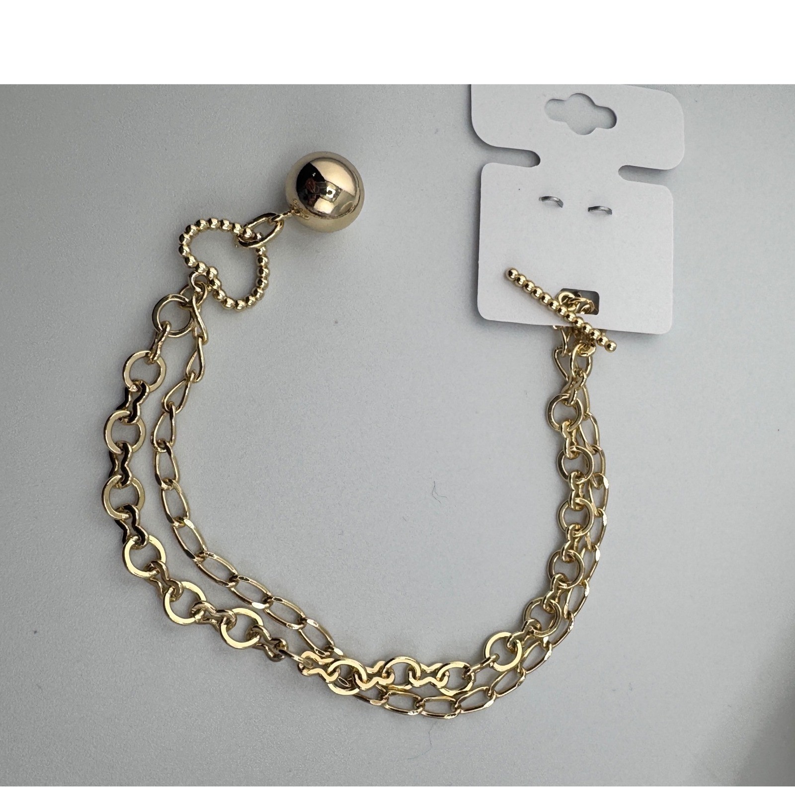 14K Gold Plated Double Strand Link Chain Bracelet Heart Toggle Clasp Sphere