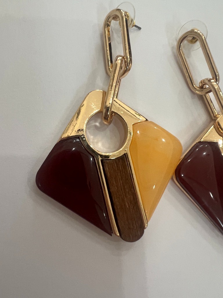 Geometric Earrings Gold Amber Wine Blush Wood 3” Mod Uncas Int Vendor Sample