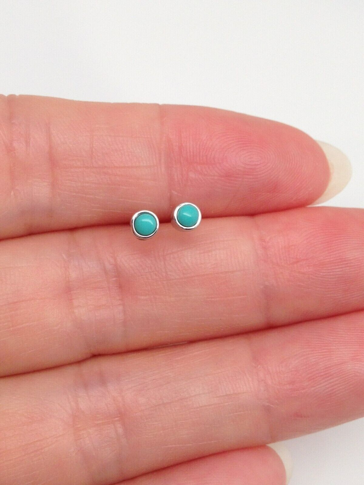 925 Sterling Silver Round Turquoise Stud Earrings TINY 2.8mm(2.2mm)