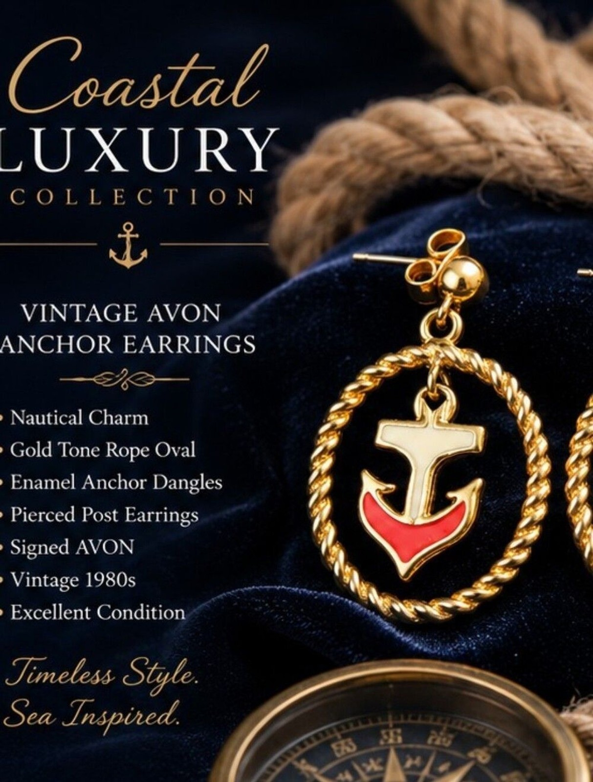 Vintage Avon Nautical Anchor Drop Earrings Gold Tone Red White Enamel Rope Hoop