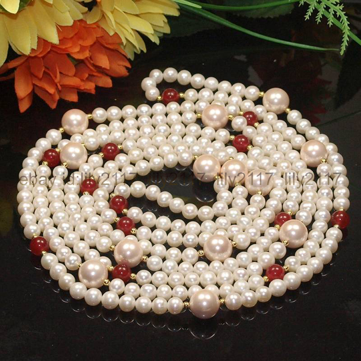 100 Inch Fashion 7-8mm white pearl 8mm red jade 14mm pink shell pearl necklace