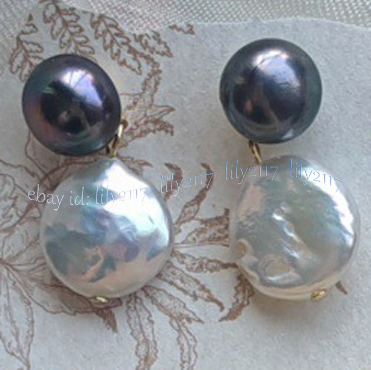 Genuine Natural Black Freshwater Pearl White Coin Pearl Dangle Stud Earrings