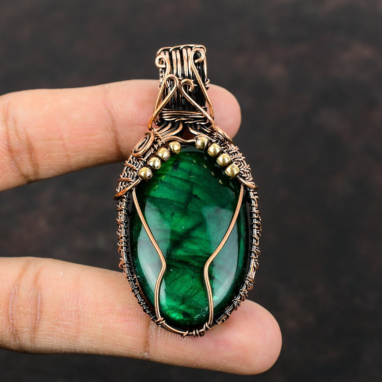 Green Fire Labradorite Jewelry Copper Bestie Gift Wire Wrapped Pendant 2.68″