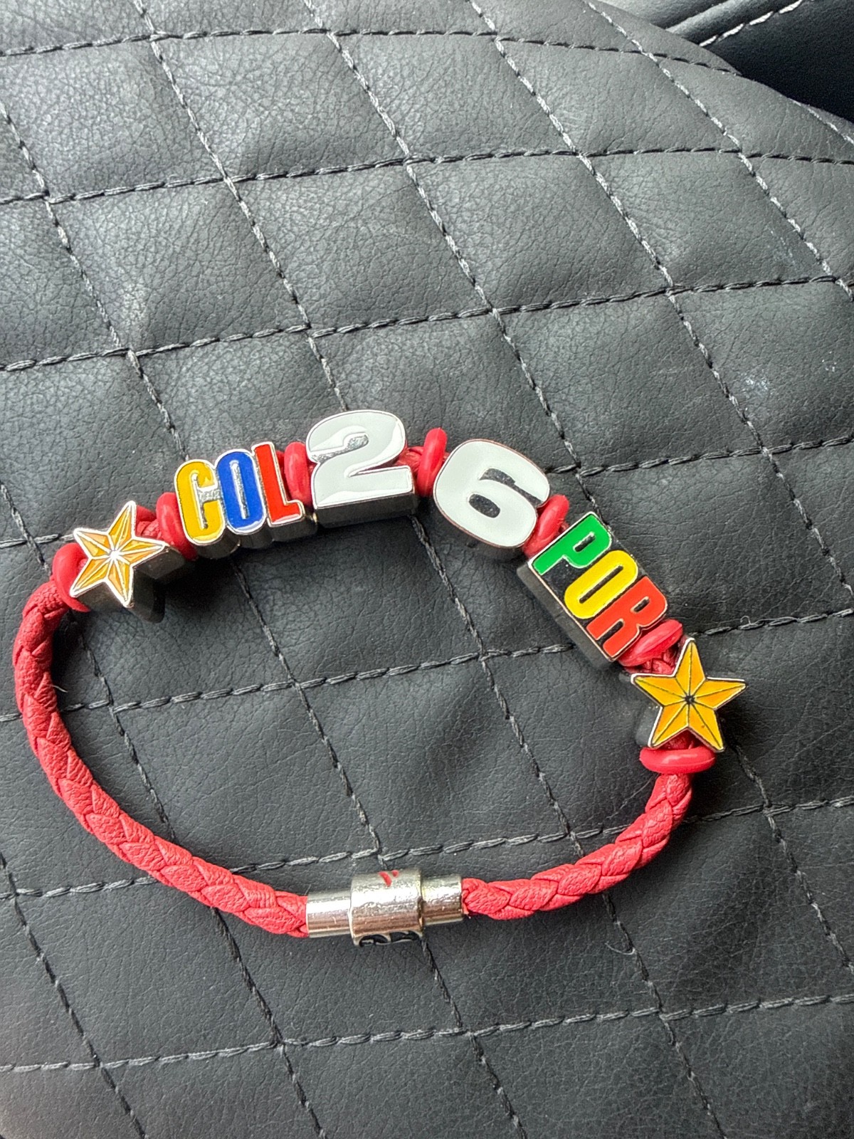 FIFA Braided Red Leather Beaded Charm Bracelet Magnetic Clasp Sports Col vs POR