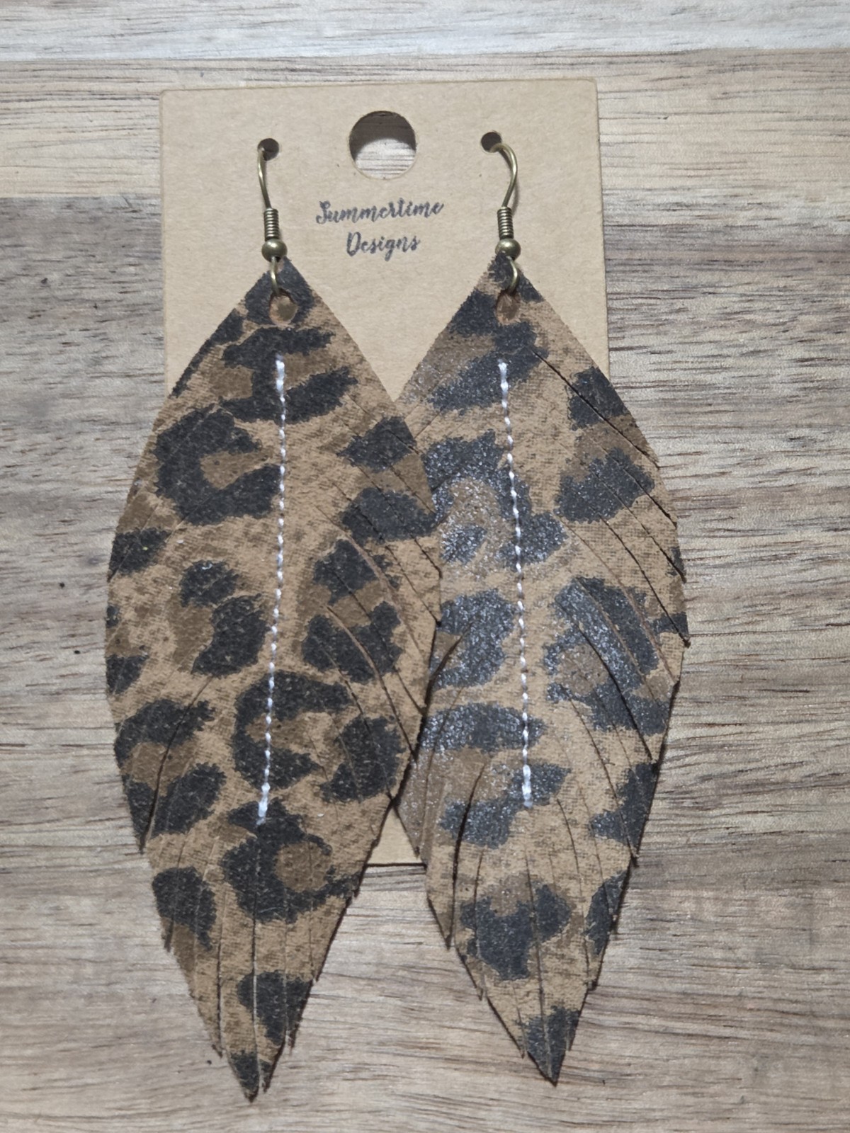 Handmade GENUINE Leather Feather Earrings Leopard on Tan Suede 3″