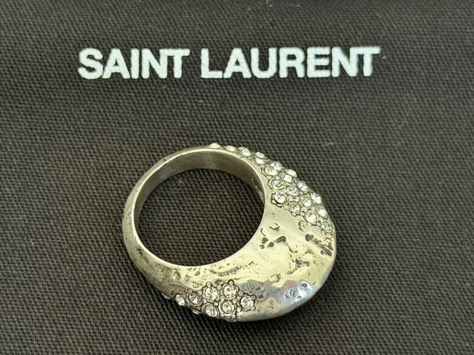NWT Saint Laurent YSL Crystal Molten Bumpy Silver Brass 3D Dome Band Ring 6 $895