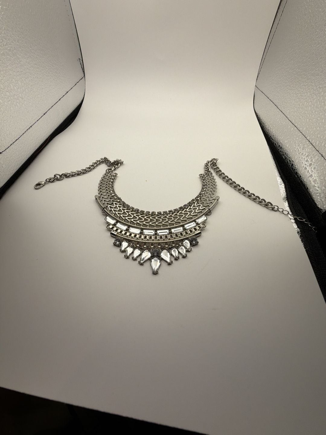 Silver Tone Geometric Bib Statement Necklace with Clear Rhinestone Accents
