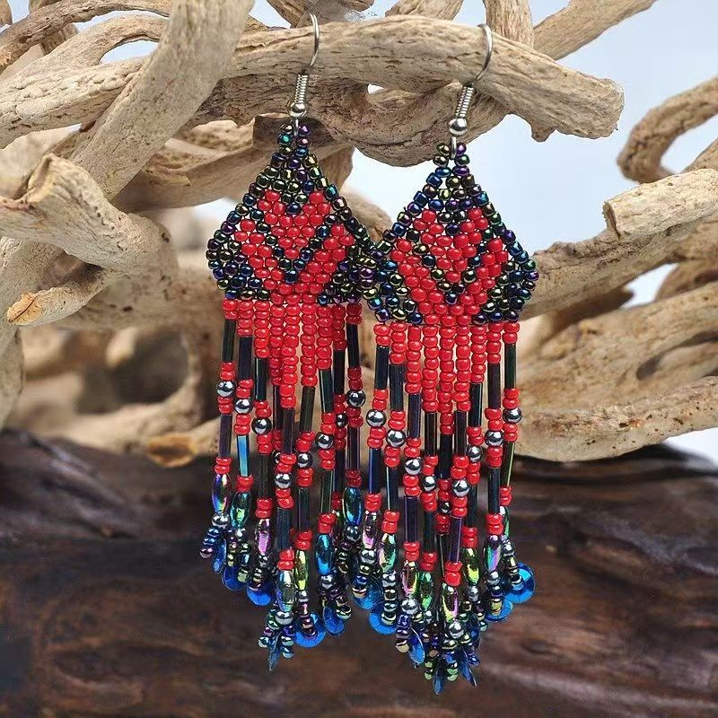 Handmade woven rice beads with tassel and tube earrings