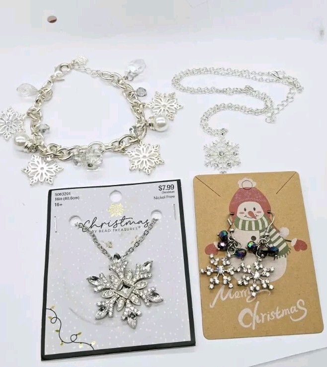 Snowflake Christmas Necklace Bracelet Earring Lot Silver tone Set of 4