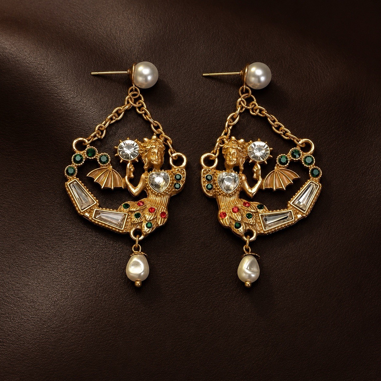 Goddess Pearl Mermaid Antique Earrings Gold Medieval Siren Stud Crystal VTG Boho
