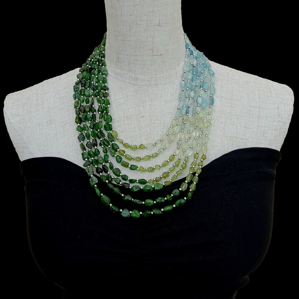 Statement Necklace 7 Rows Natural Aquamarine Peridot Diospside Prehnite Necklace