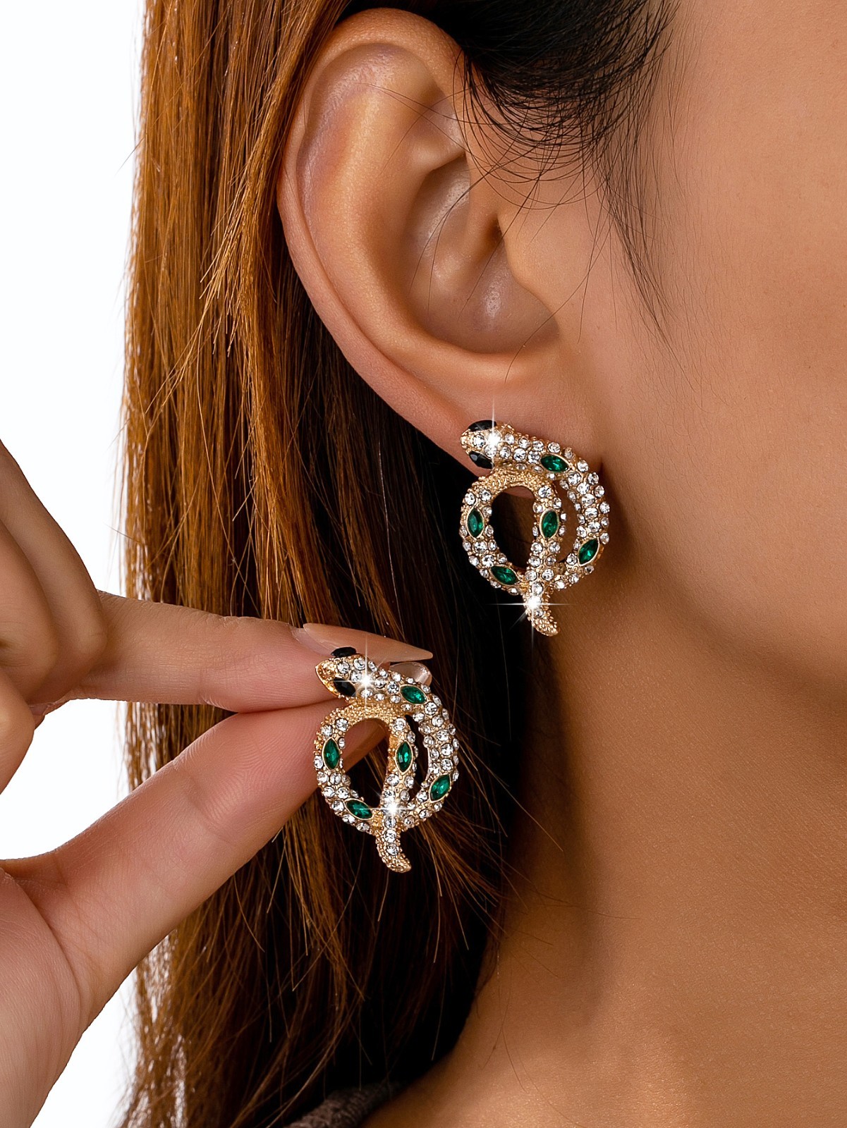 Gold Tone Snake Stud Earrings Green Simulated Crystal Rhinestone Women’s Jewelry