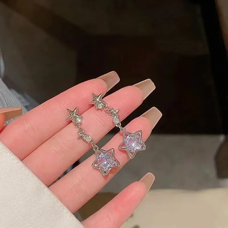 925 Sterling Silver CZ Star Tassel Earrings 3D Crystal Stud Women Jewellery Gift