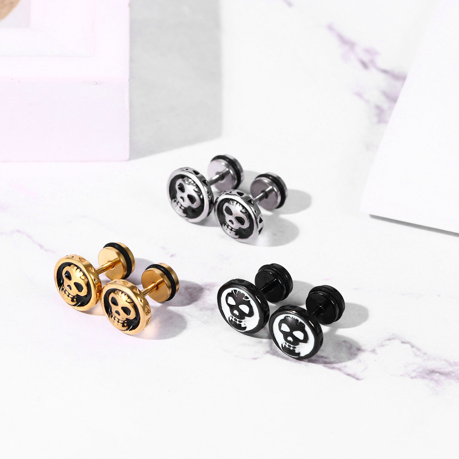 Gothic Punk Skull Stud Earrings For Men Women Stainless Steel Screw Back