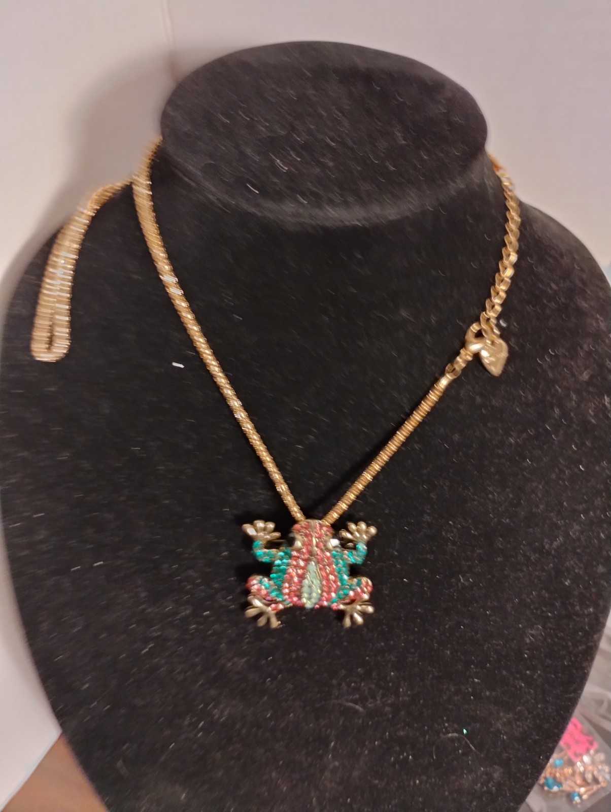 Betsey Johnson Green & Pink Rhinestone Frog Shaped Necklace Or Pin