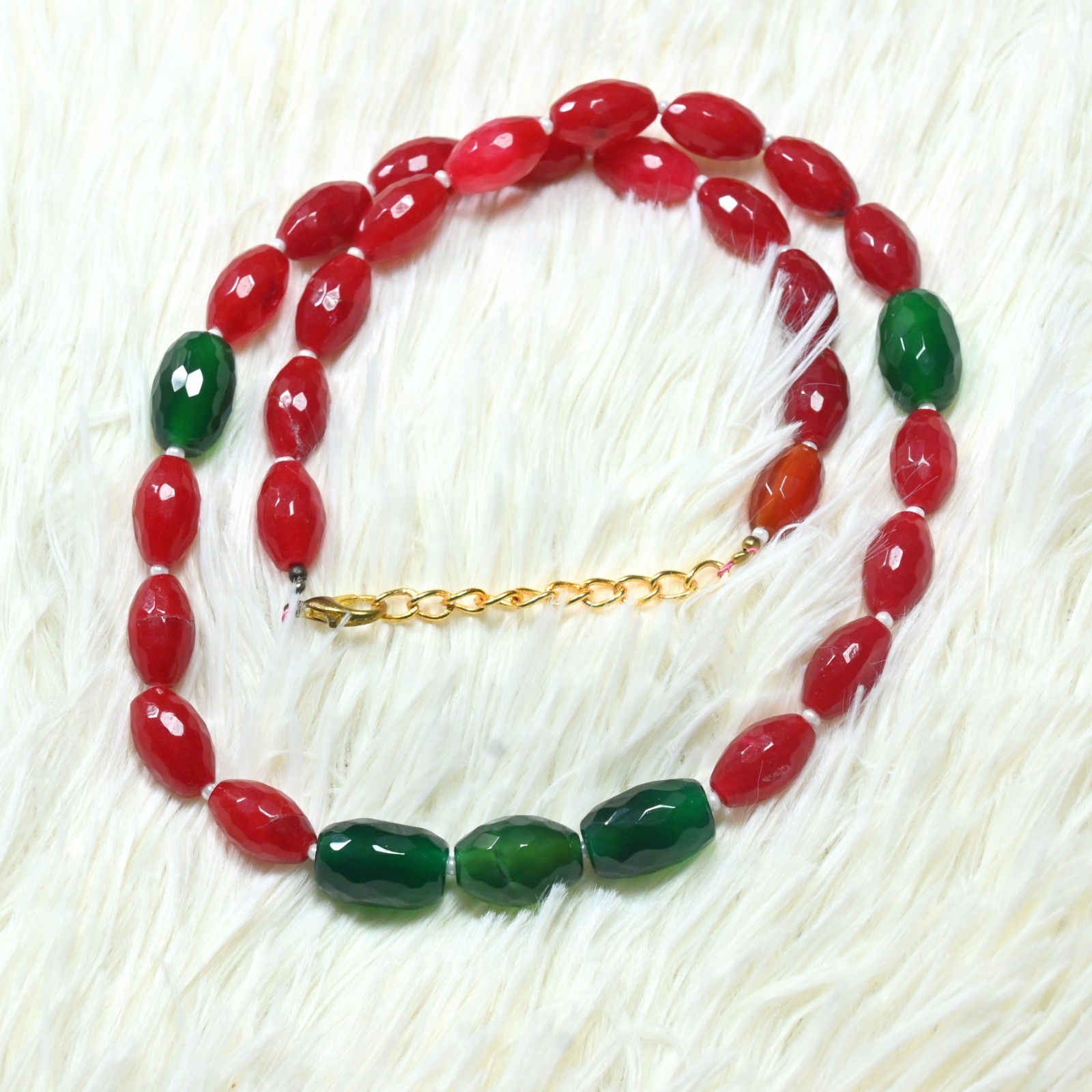 Green Jade & Red Faceted Drill Olive Gemstone Beads 2 Multi Unisex Necklace 18”