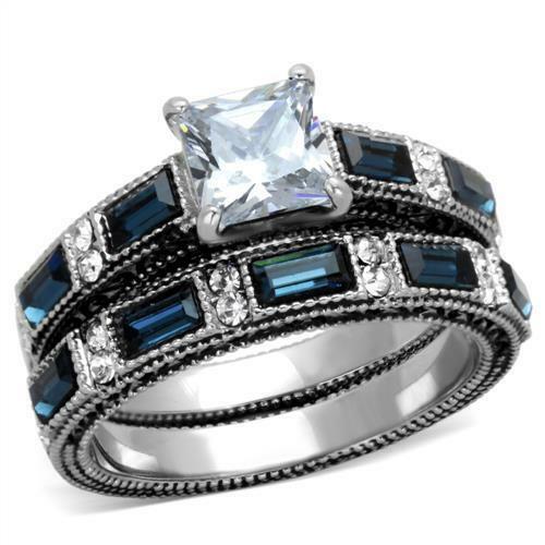 Princess Cut Clear and Blue CZ Wedding Set Stainless Steel TK316