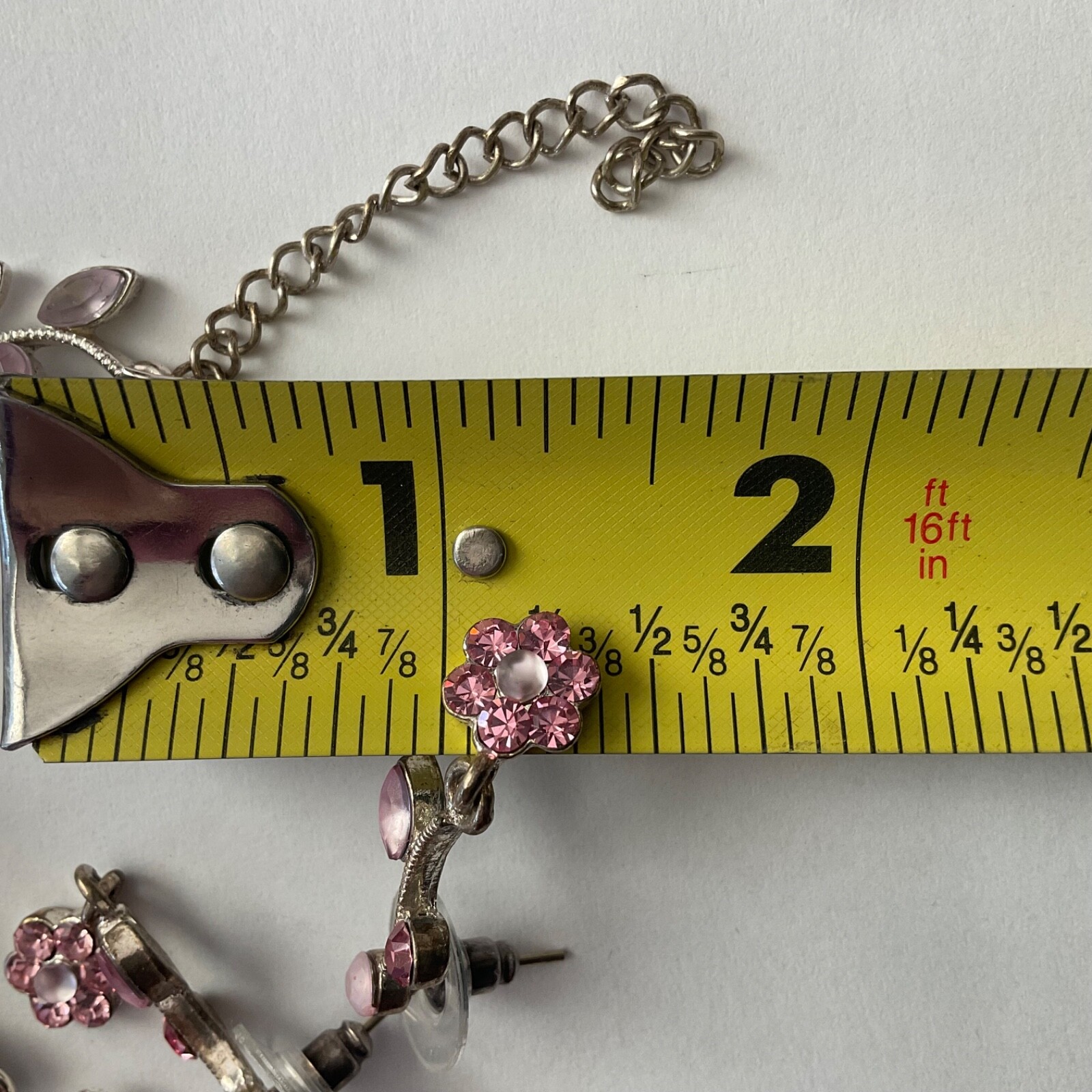 Pink Crystal Floral Flower Bracelet & Dangle Earrings Set Silver Tone Base