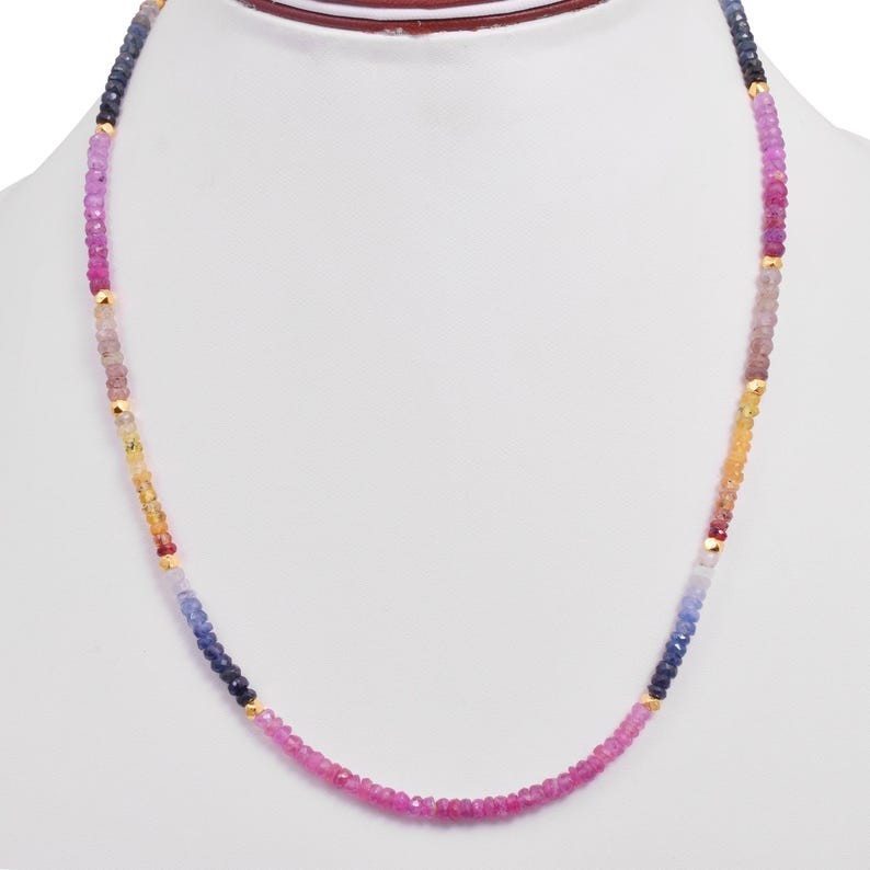 3-4MM Multi Sapphire Faceted Roundelle Gemstone Beads Properties Necklaces 32”