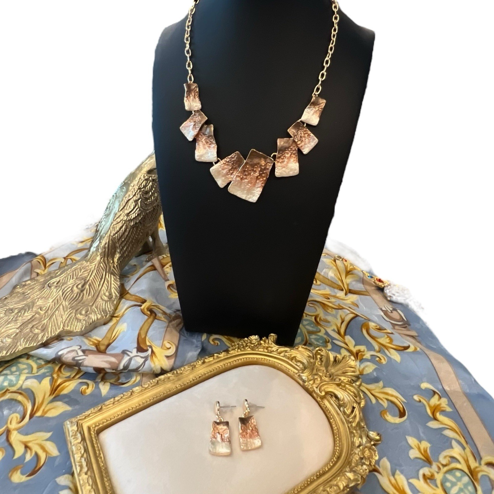Copper & Cream Tone Metal Statment Bib Necklace Earrings Set Unique Wearable Art