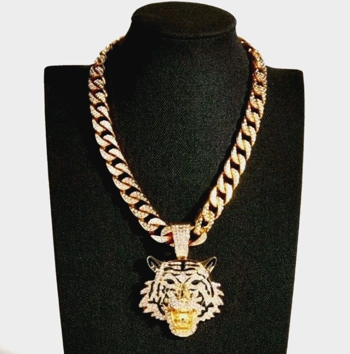 Mens Shiney Simulated Diamond Tiger Cuban Chain Goldplated Necklace & Pendant