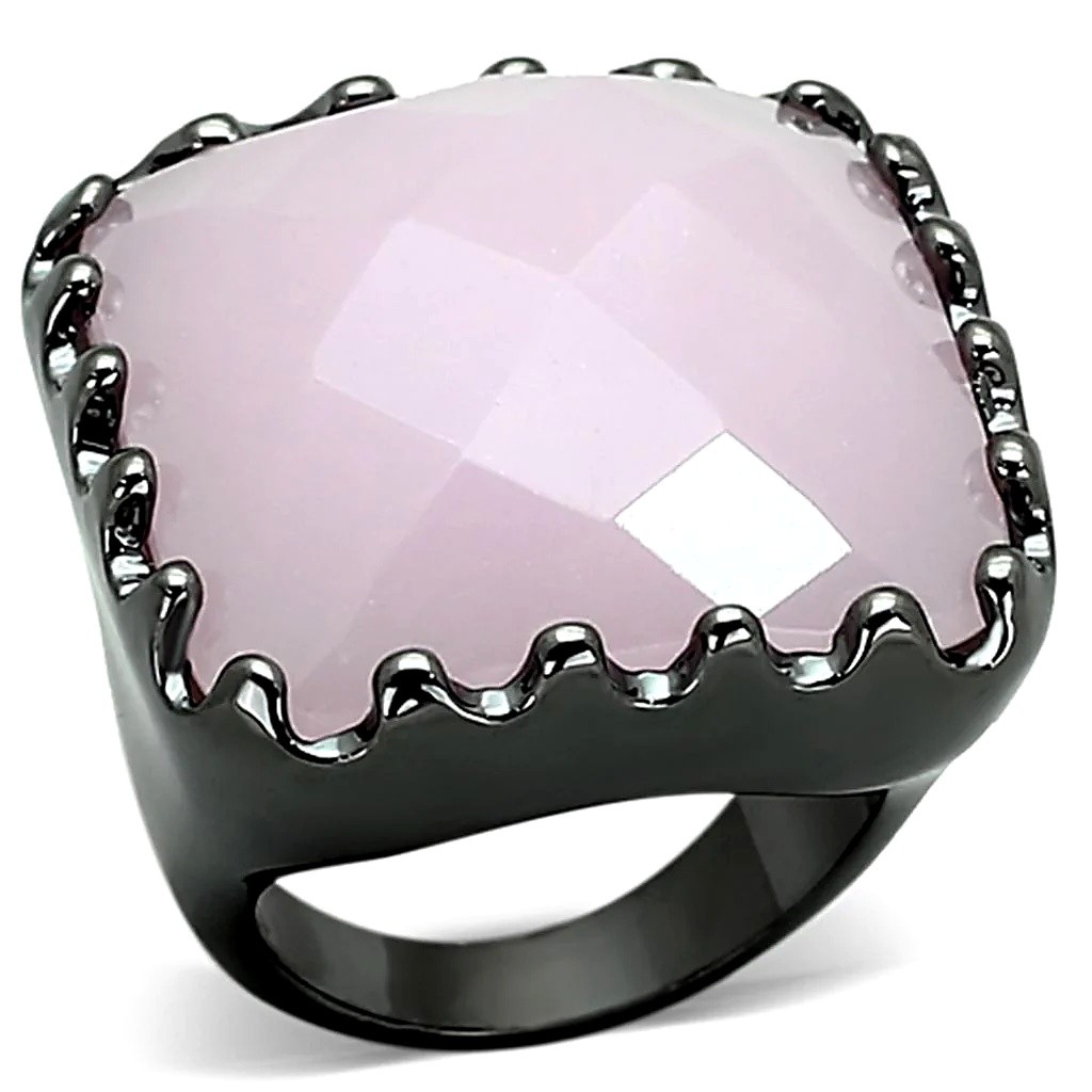 Women’s Ring, Light Rose Glass, Ruthenium Plated, Brass, dark metal, cushion cut